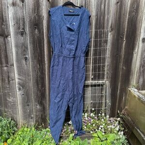Rachel Comey blue linen shorts sleeve button up jumpsuit
